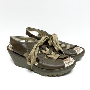 Fly London Beige Brown Leather Peep Toe Lace Up Wedge Sandals